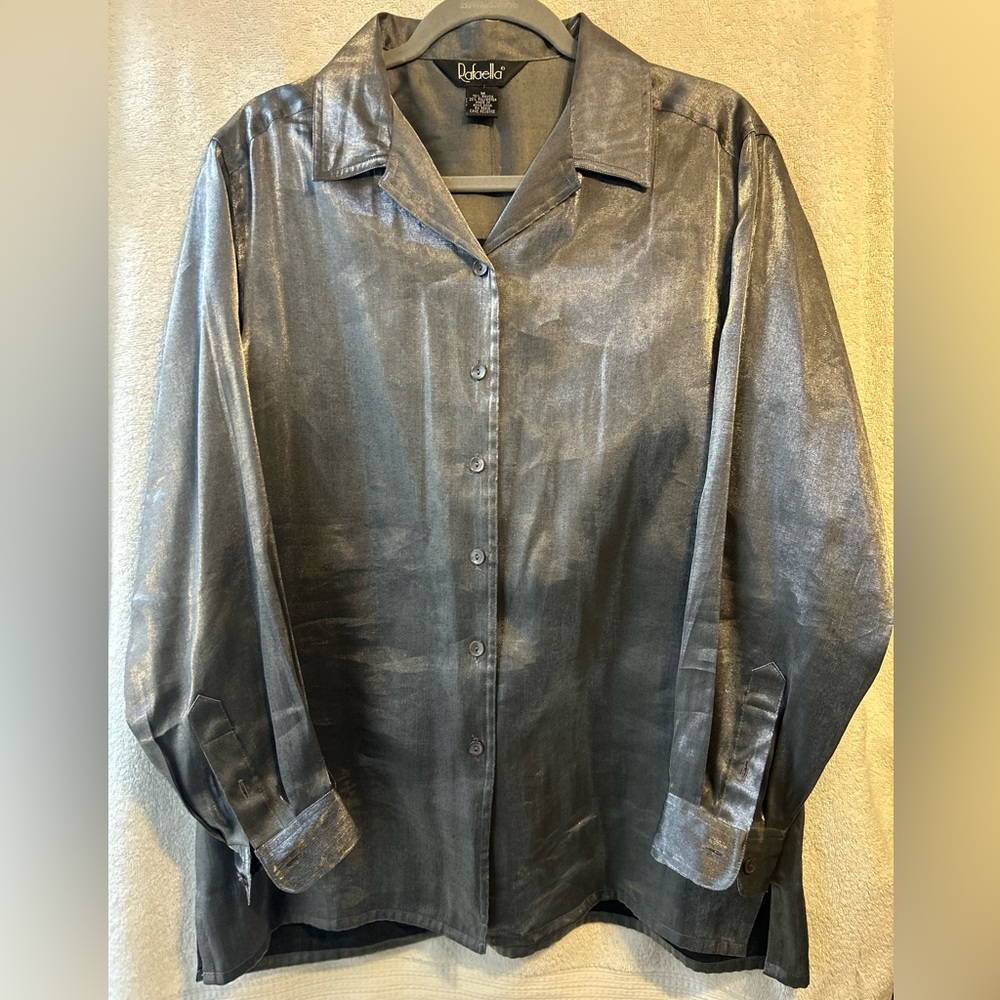 Rafaella Metallic Retro Glam Silver Button-Up Blouse 2000s